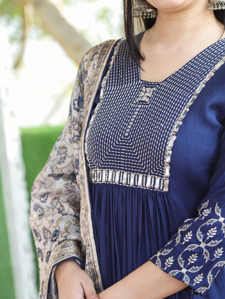 Masakkali Royal Blue Thread Work with Mirror in Front Gathered Roman Silk 3 Piece Set