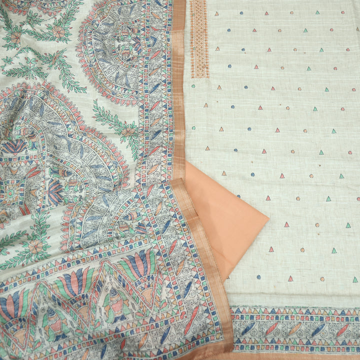 Ruaa Cream with Orange Madhubani Printed Tussar Chanderi Suit Set