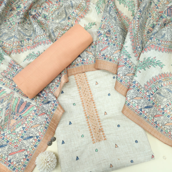 Ruaa Cream with Orange Madhubani Printed Tussar Chanderi Suit Set