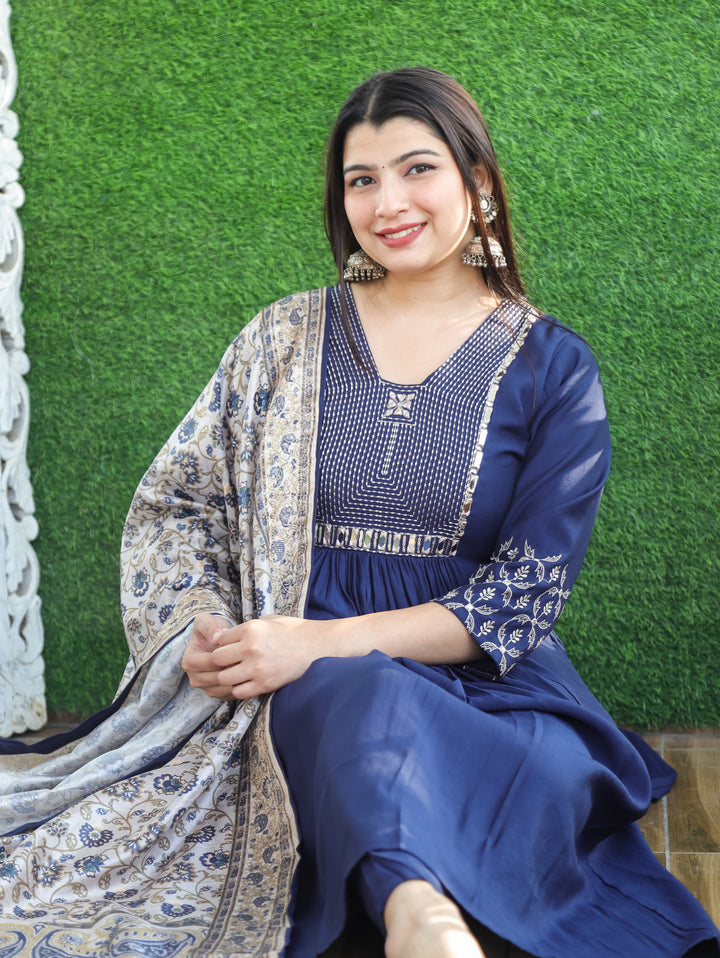 Masakkali Royal Blue Thread Work with Mirror in Front Gathered Roman Silk 3 Piece Set