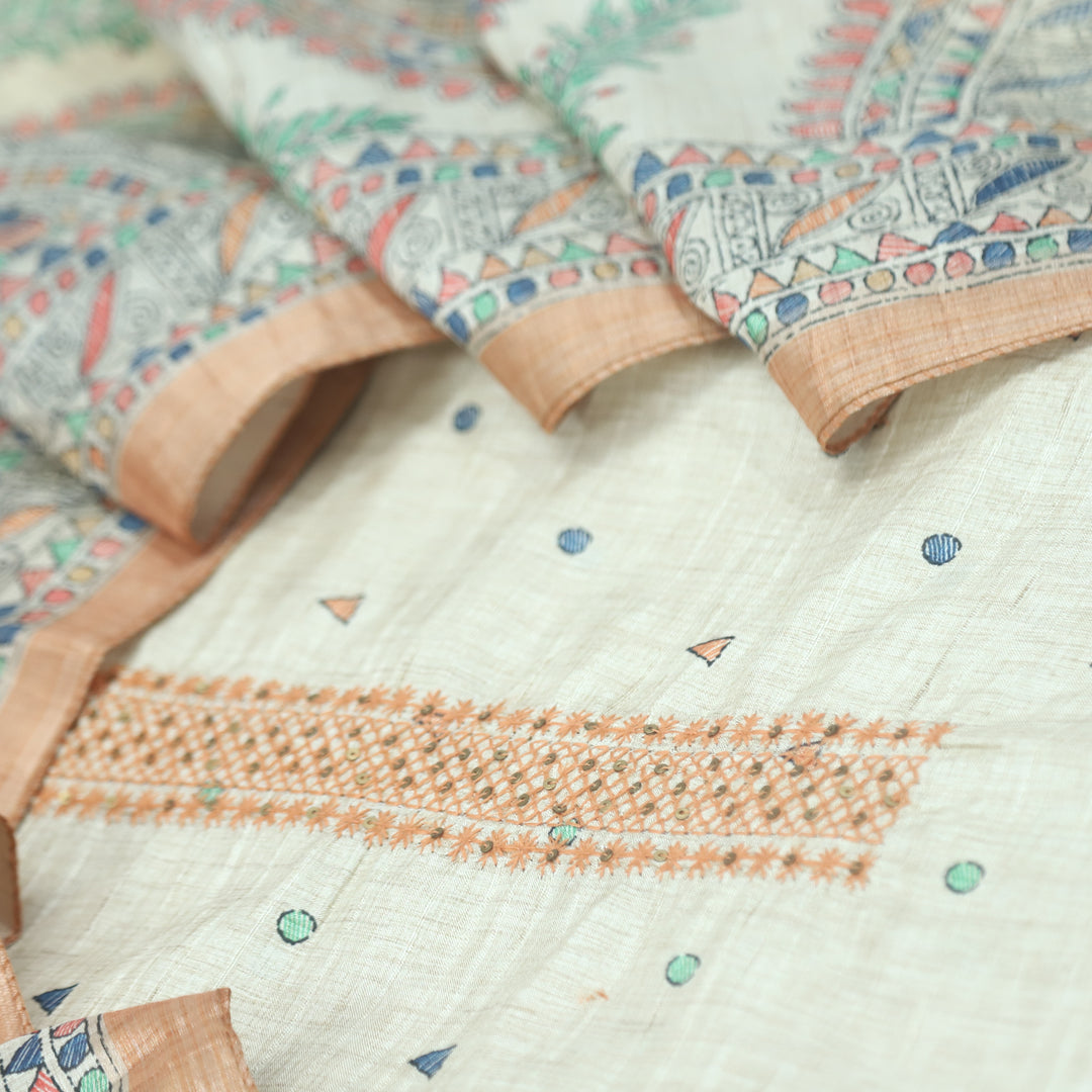 Ruaa Cream with Orange Madhubani Printed Tussar Chanderi Suit Set