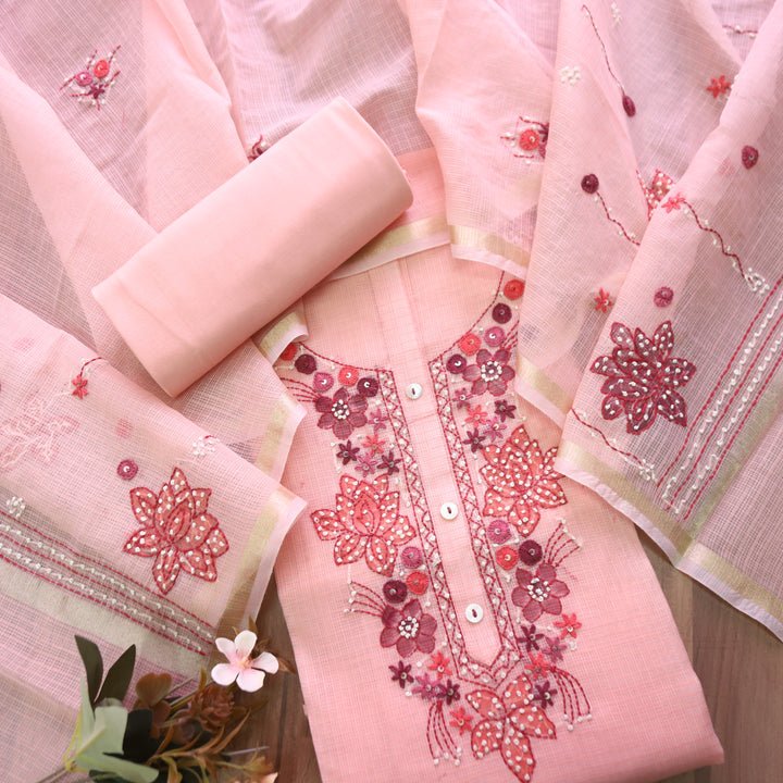 Ruby Pastel Peach Kolkata Hand Embriodered Kota Doriya Set