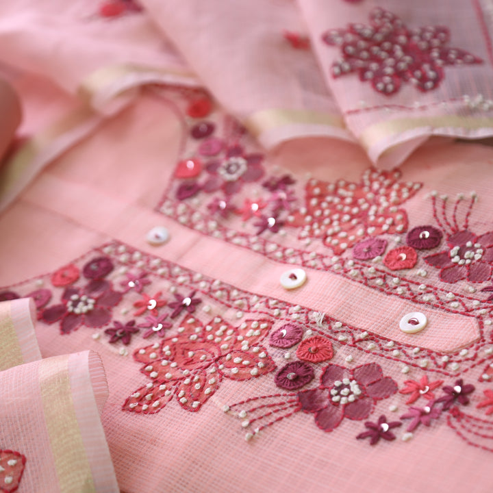 Ruby Pastel Peach Kolkata Hand Embriodered Kota Doriya Set
