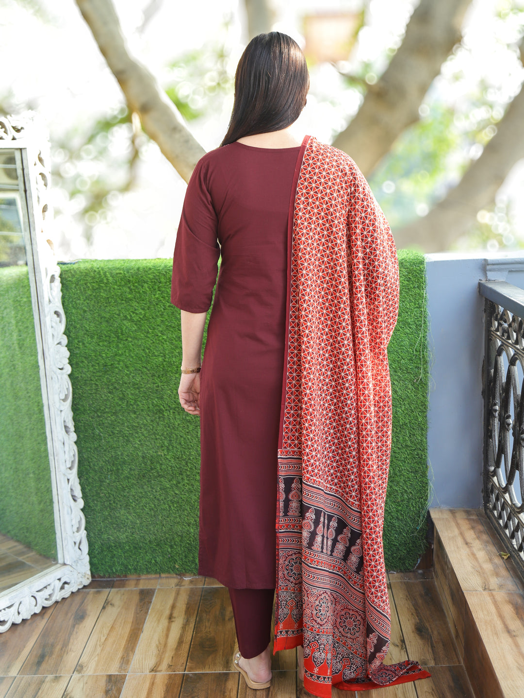 Saloni Burgundy Wine Ajrak Printed Yoke with Mirror Work Cotton 3 Piece Set