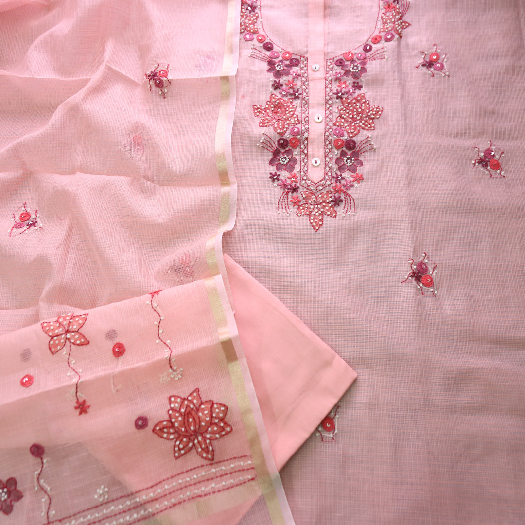 Ruby Pastel Peach Kolkata Hand Embriodered Kota Doriya Set