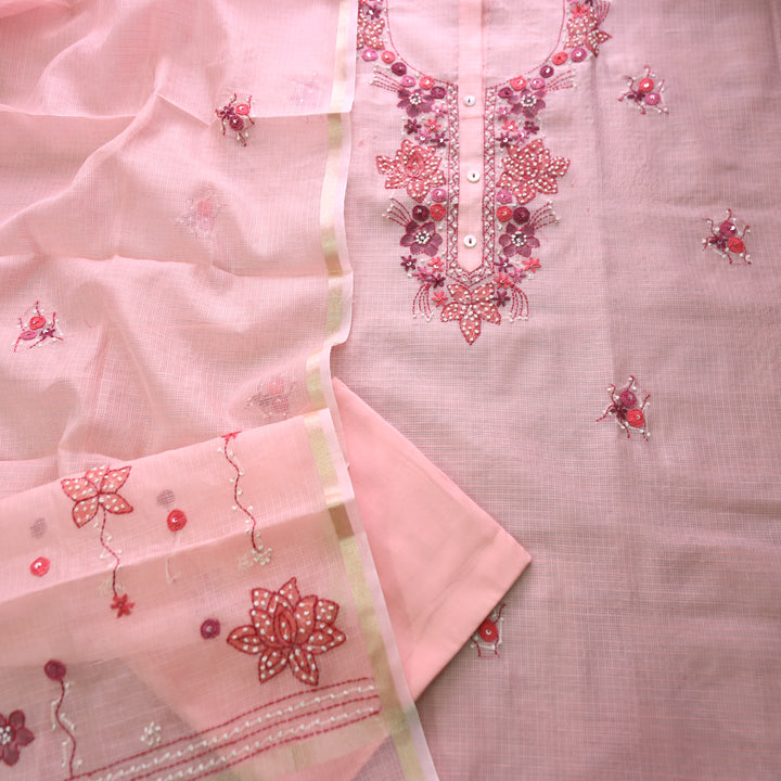 Ruby Pastel Peach Kolkata Hand Embriodered Kota Doriya Set