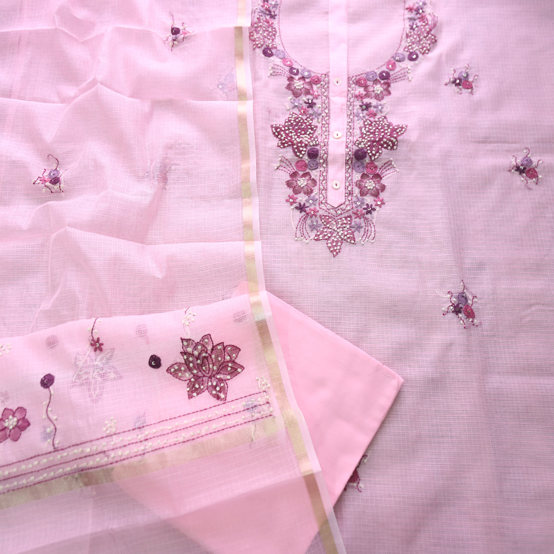 Ruby Orchid Pink Kolkata Hand Embriodered Kota Doriya Set
