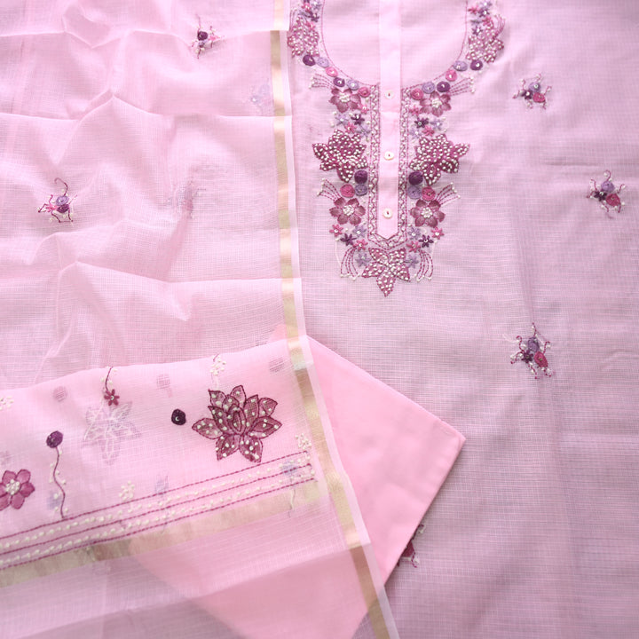 Ruby Orchid Pink Kolkata Hand Embriodered Kota Doriya Set