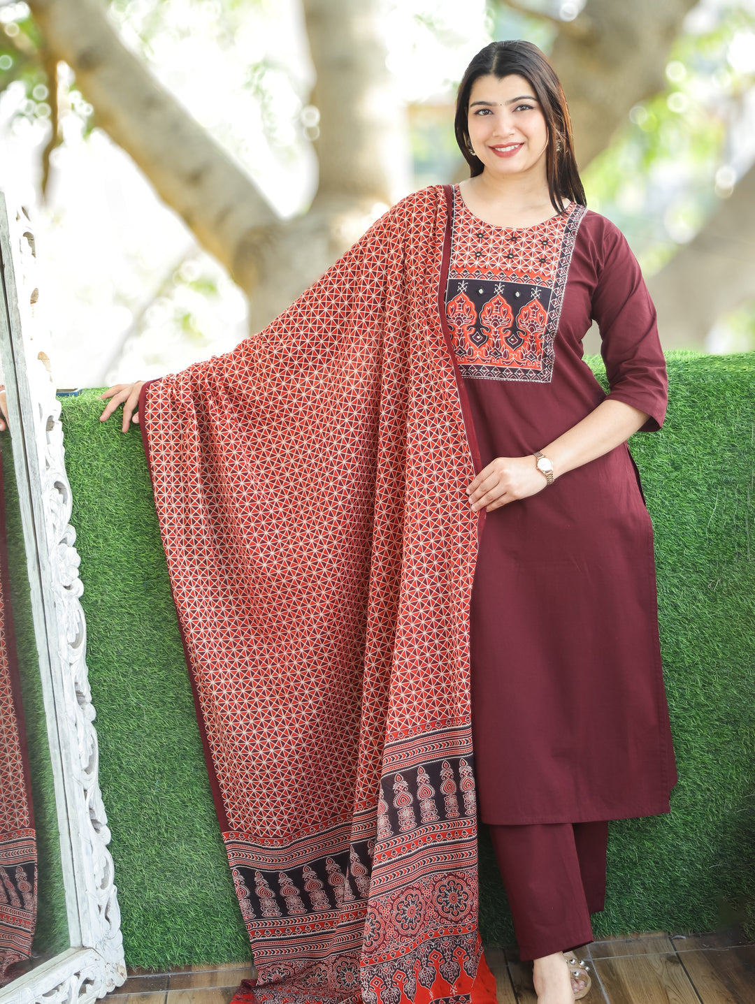Saloni Burgundy Wine Ajrak Printed Yoke with Mirror Work Cotton 3 Piece Set
