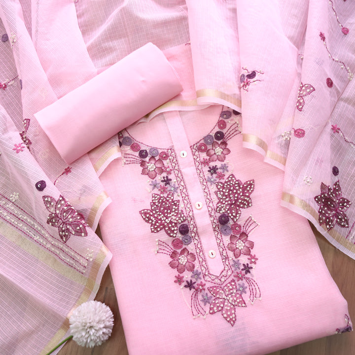Ruby Orchid Pink Kolkata Hand Embriodered Kota Doriya Set