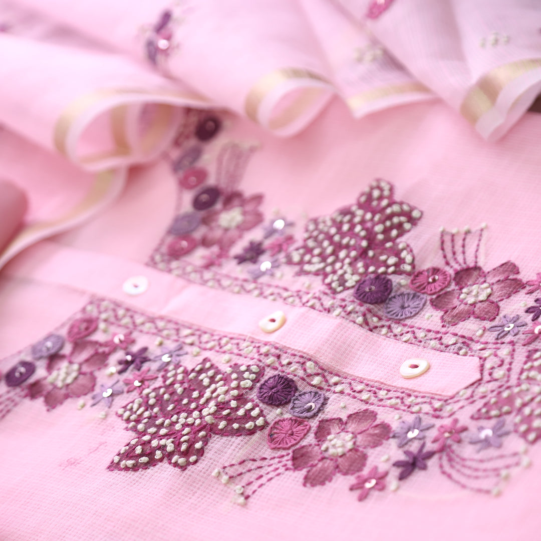 Ruby Orchid Pink Kolkata Hand Embriodered Kota Doriya Set