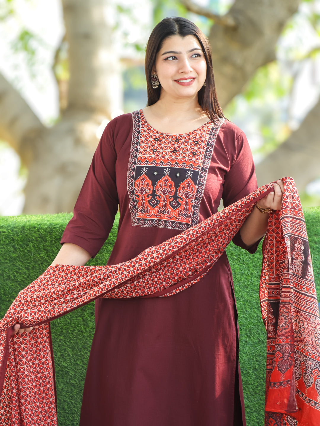 Saloni Burgundy Wine Ajrak Printed Yoke with Mirror Work Cotton 3 Piece Set