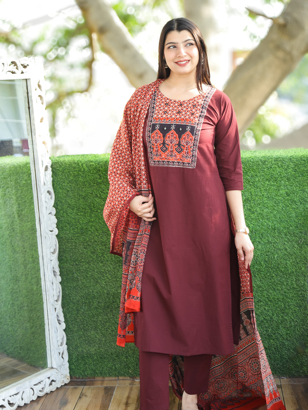 Saloni Burgundy Wine Ajrak Printed Yoke with Mirror Work Cotton 3 Piece Set