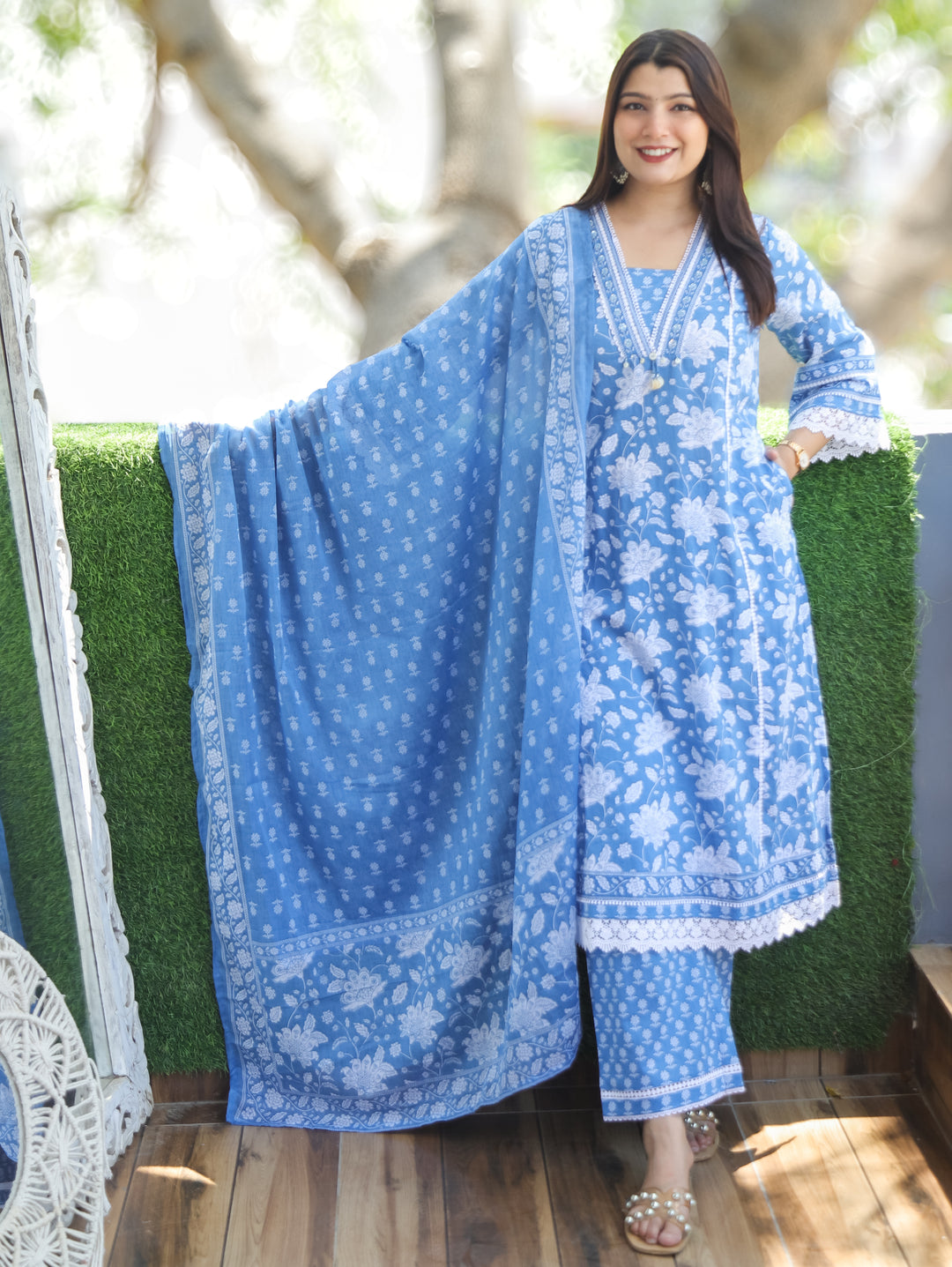 Jiya Cerulean Blue Floral Printed 3 Piece Set