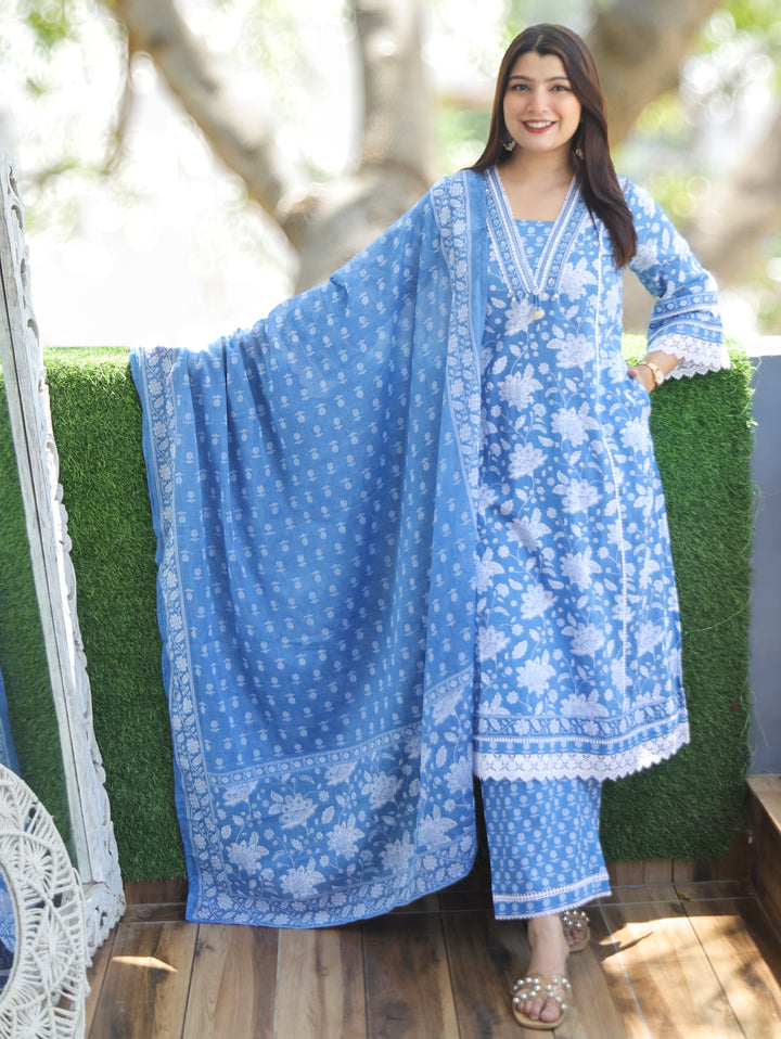 Jiya Cerulean Blue Floral Printed 3 Piece Set