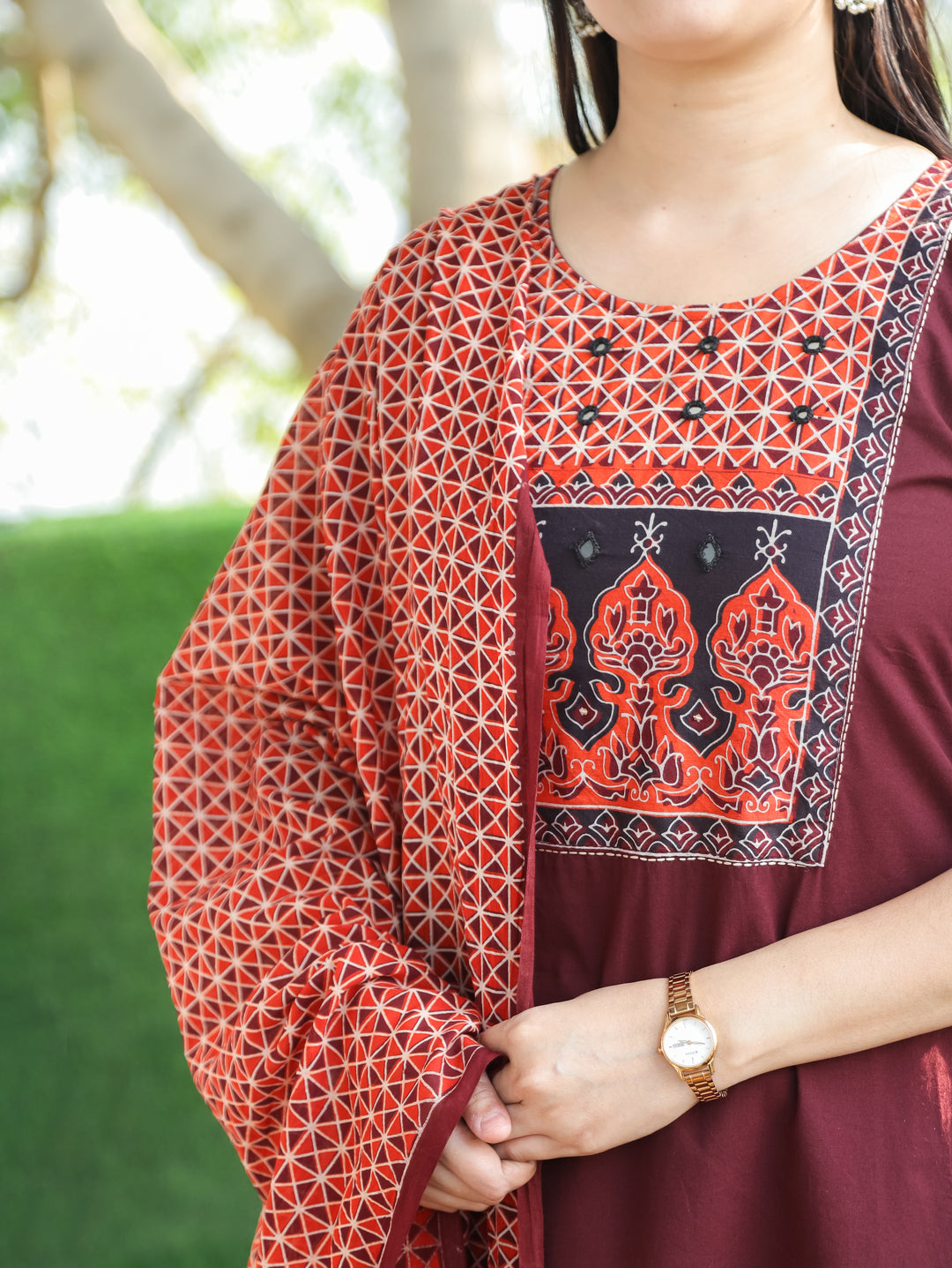 Saloni Burgundy Wine Ajrak Printed Yoke with Mirror Work Cotton 3 Piece Set