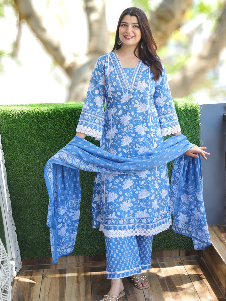 Jiya Cerulean Blue Floral Printed 3 Piece Set