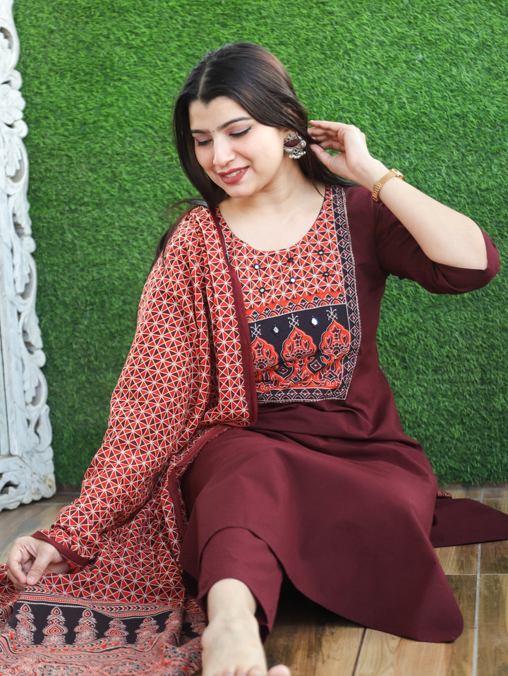 Saloni Burgundy Wine Ajrak Printed Yoke with Mirror Work Cotton 3 Piece Set