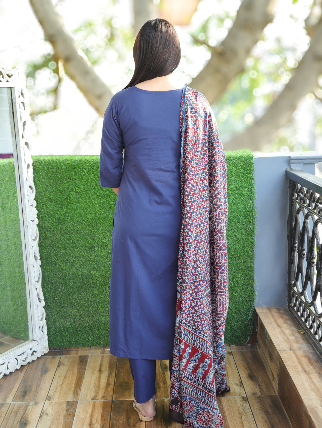 Saloni Denim Blue Ajrak Printed Yoke with Mirror Work Cotton 3 Piece Set