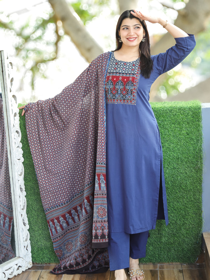 Saloni Denim Blue Ajrak Printed Yoke with Mirror Work Cotton 3 Piece Set