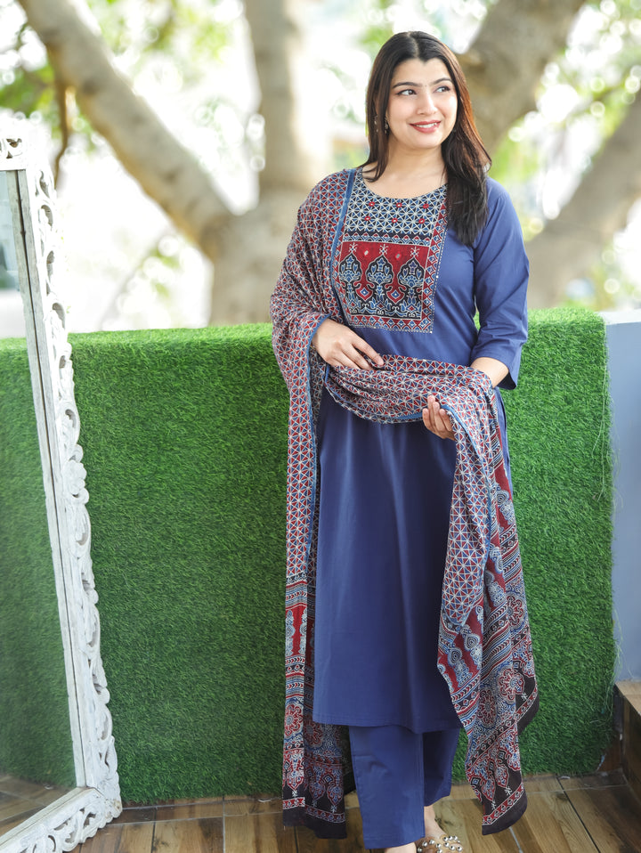 Saloni Denim Blue Ajrak Printed Yoke with Mirror Work Cotton 3 Piece Set