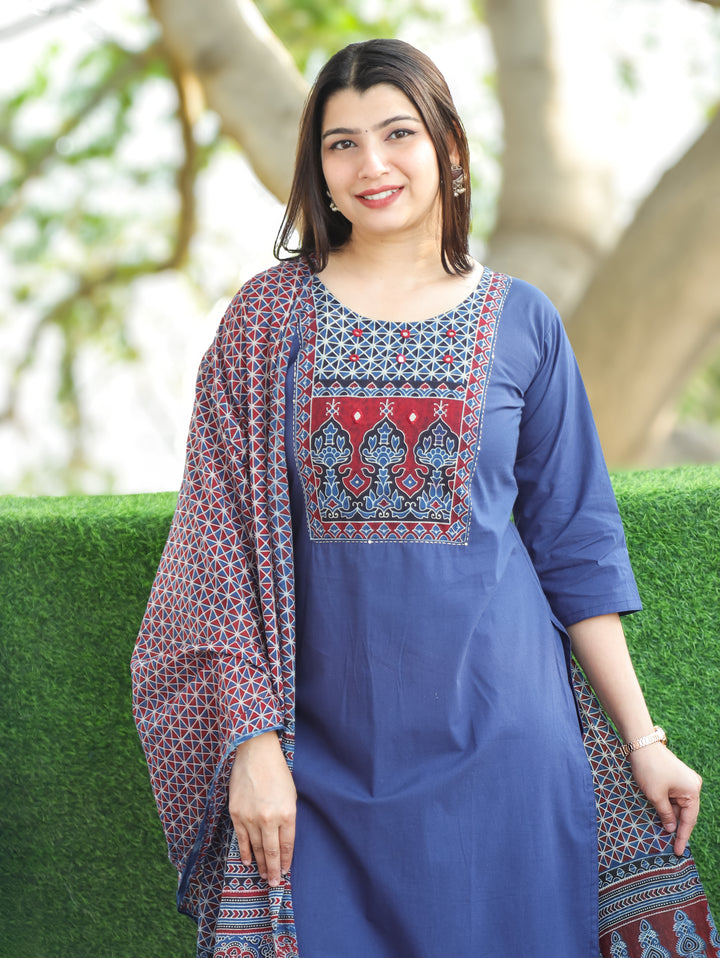Saloni Denim Blue Ajrak Printed Yoke with Mirror Work Cotton 3 Piece Set
