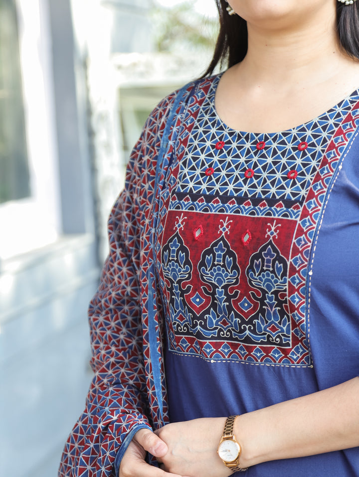 Saloni Denim Blue Ajrak Printed Yoke with Mirror Work Cotton 3 Piece Set