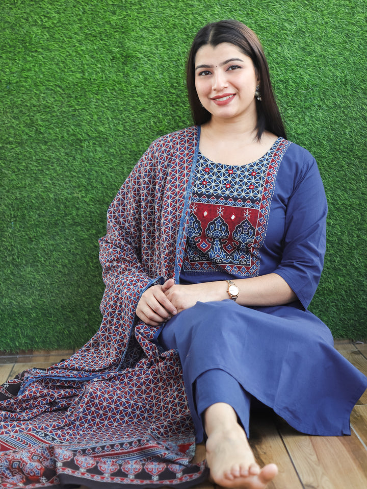 Saloni Denim Blue Ajrak Printed Yoke with Mirror Work Cotton 3 Piece Set