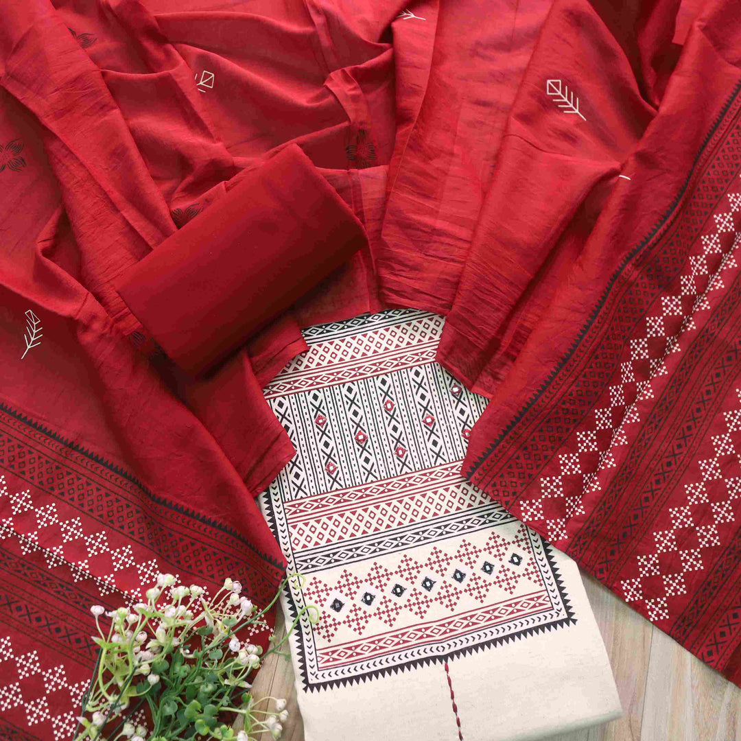 Salaari Sand White with Mirror Detailing Block Print Cotton with Red Dupatta
