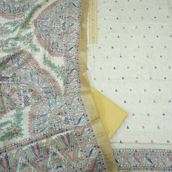 Ruaa Cream with Yellow Madhubani Printed Tussar Chanderi Suit Set
