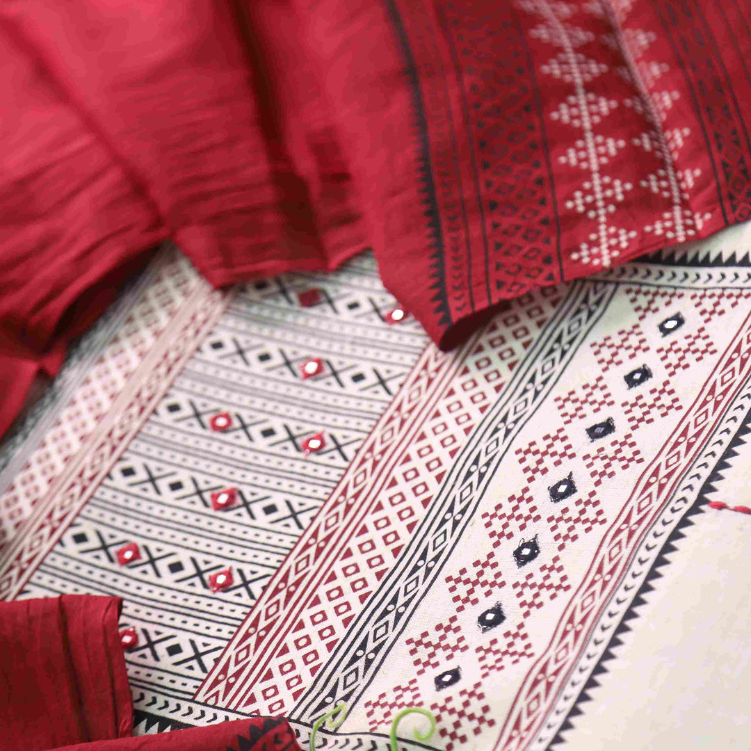 Salaari Sand White with Mirror Detailing Block Print Cotton with Red Dupatta