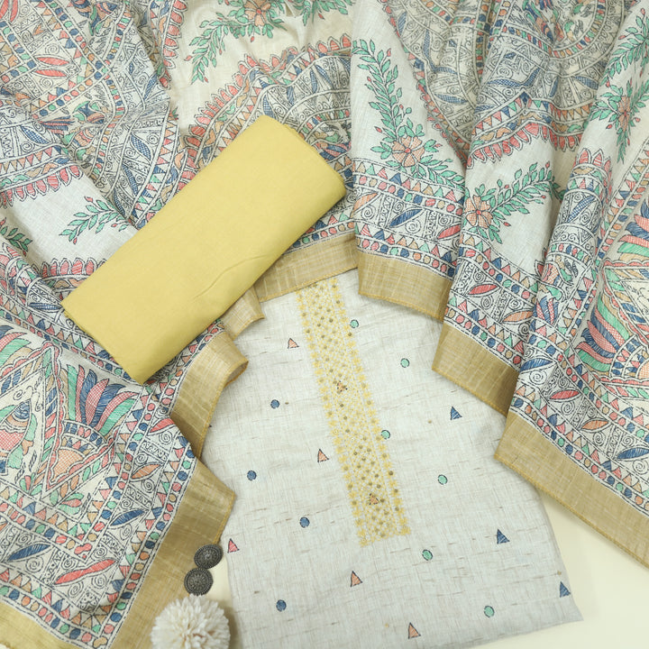 Ruaa Cream with Yellow Madhubani Printed Tussar Chanderi Suit Set