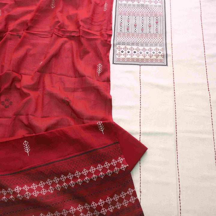 Salaari Sand White with Mirror Detailing Block Print Cotton with Red Dupatta