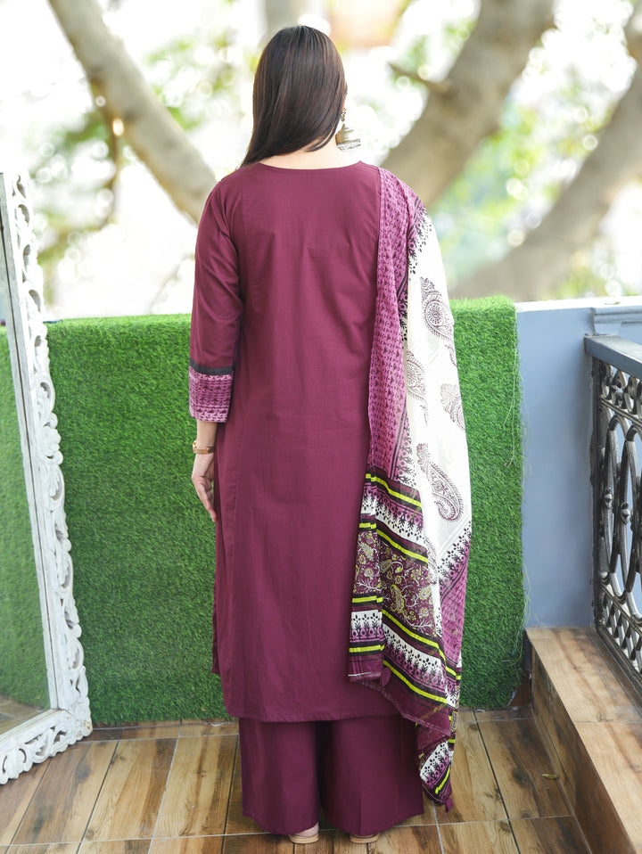 Ishani Burgundy Wine Embriodered Neck Patch Panel Cotton 3 Piece Set with Pocket