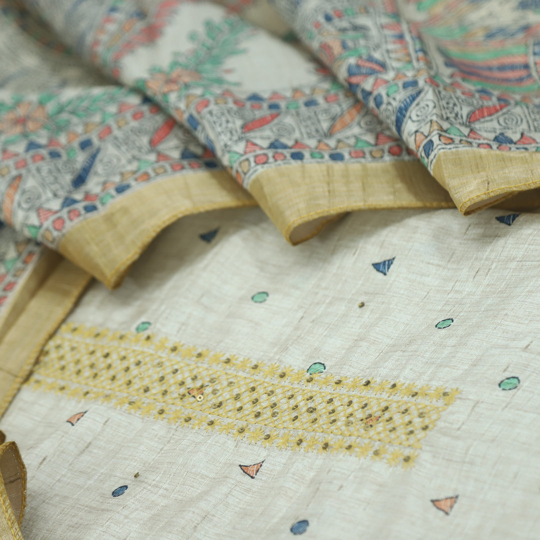 Ruaa Cream with Yellow Madhubani Printed Tussar Chanderi Suit Set