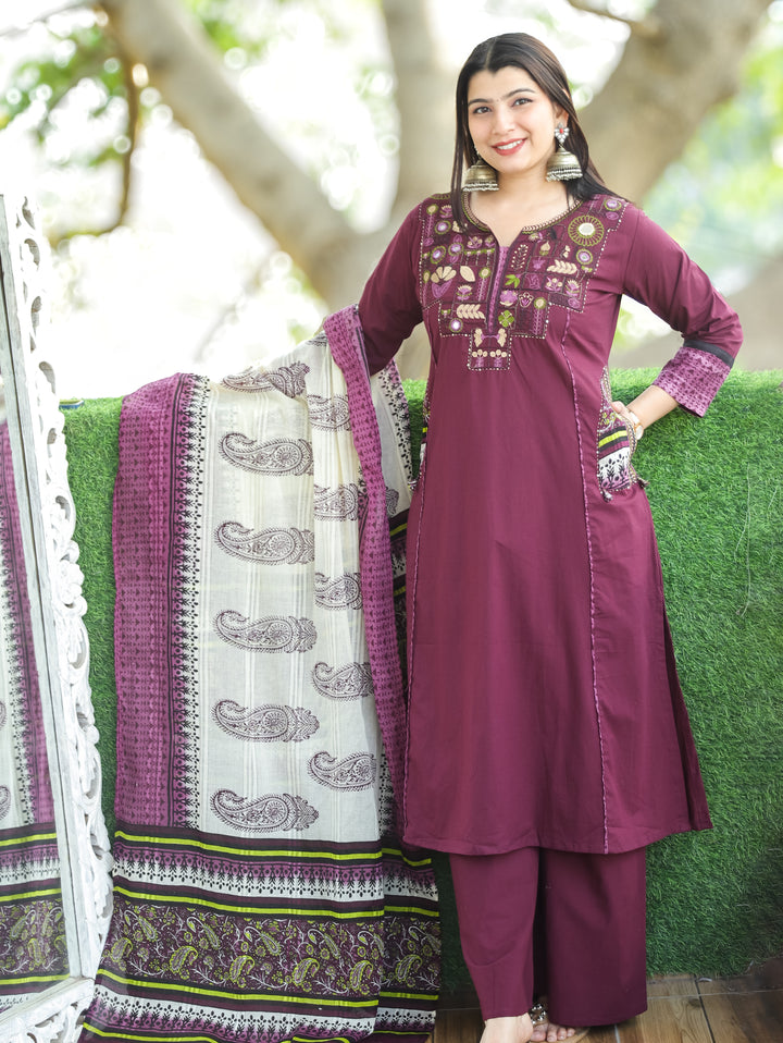 Ishani Burgundy Wine Embriodered Neck Patch Panel Cotton 3 Piece Set with Pocket