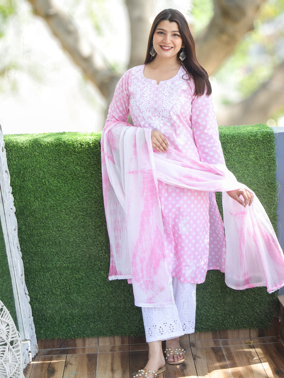 Kira Bubblegum Pink Chikankari Cotton 3 Piece Set