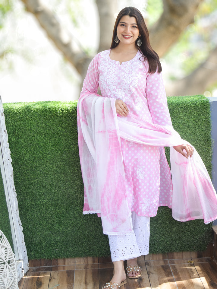 Kira Bubblegum Pink Chikankari Cotton 3 Piece Set