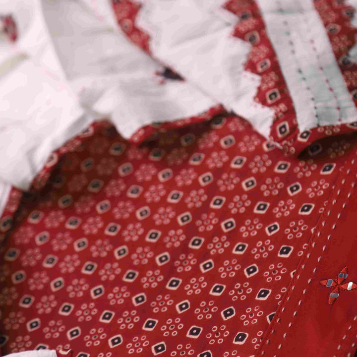 Hayaat Cherry Red Ajrak Printed Cotton Top with Cotton Dupatta Suit Set