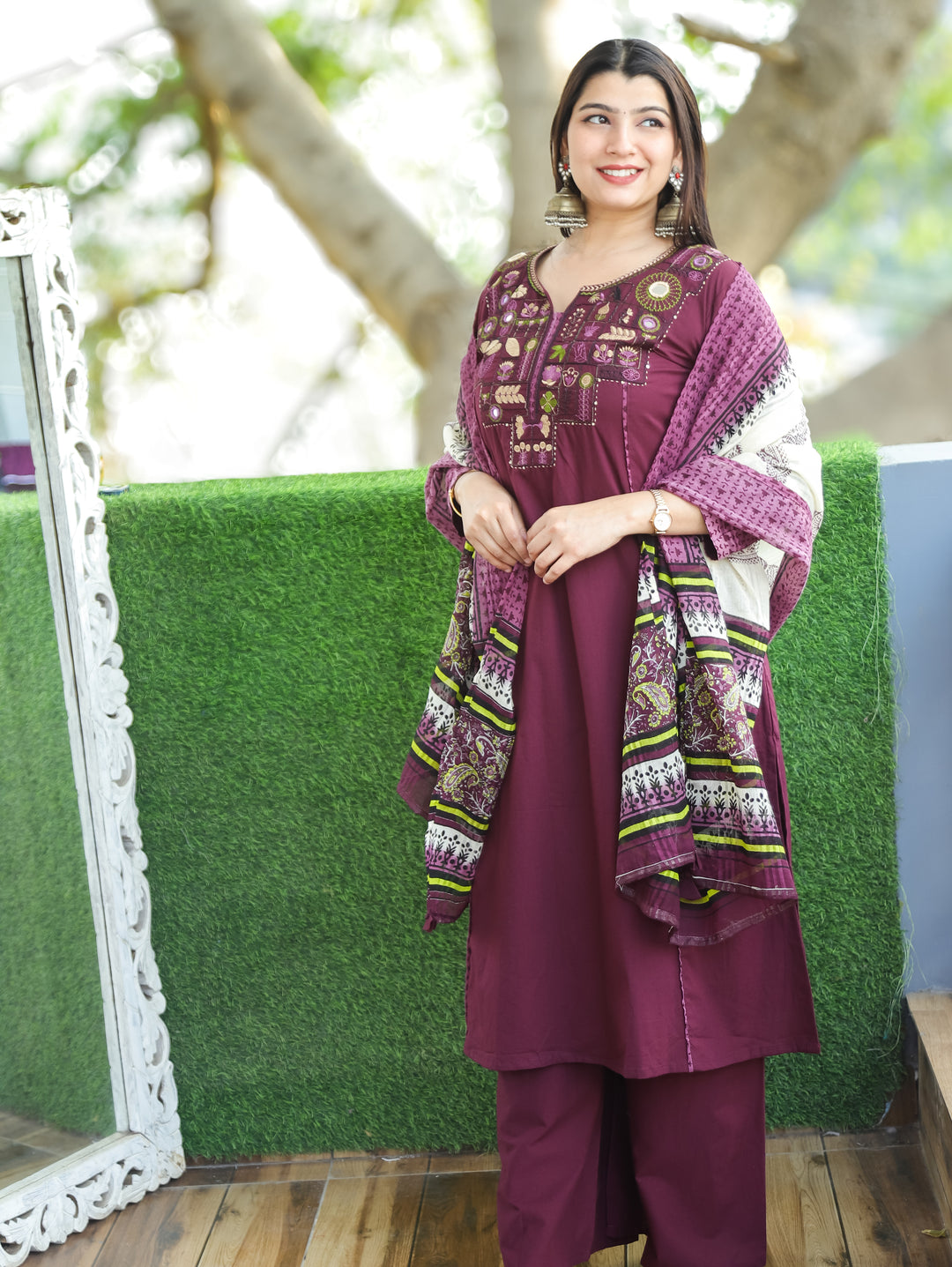 Ishani Burgundy Wine Embriodered Neck Patch Panel Cotton 3 Piece Set with Pocket