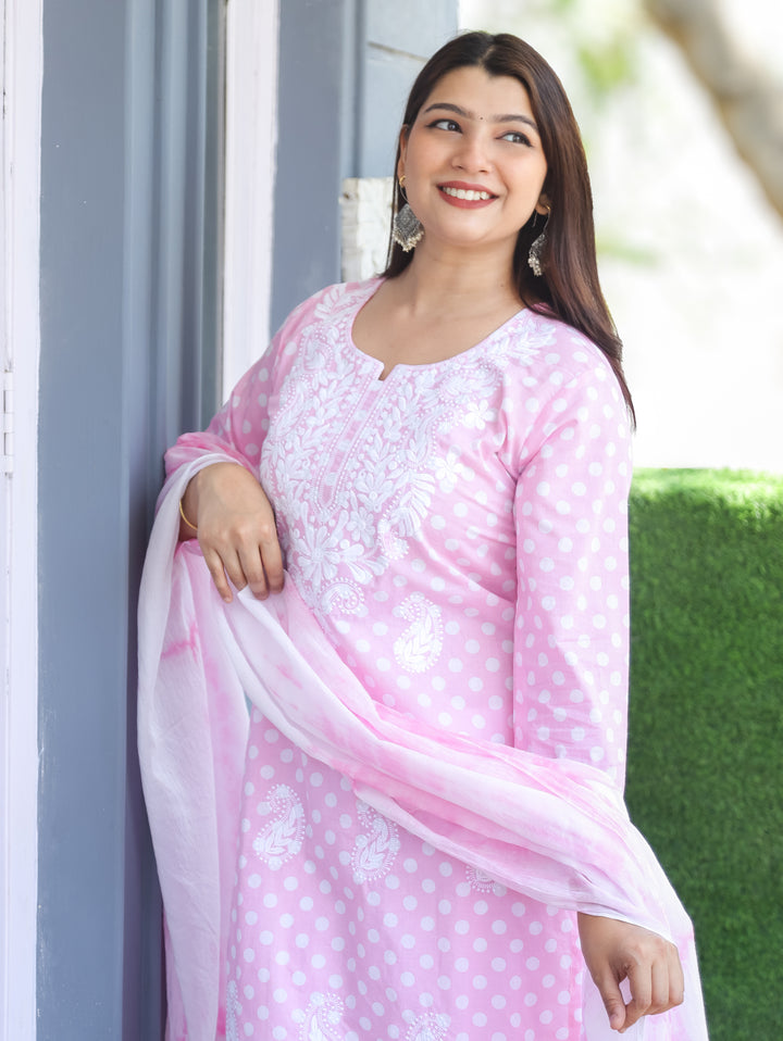 Kira Bubblegum Pink Chikankari Cotton 3 Piece Set