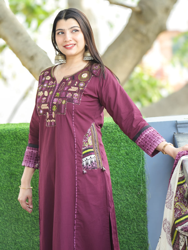 Ishani Burgundy Wine Embriodered Neck Patch Panel Cotton 3 Piece Set with Pocket