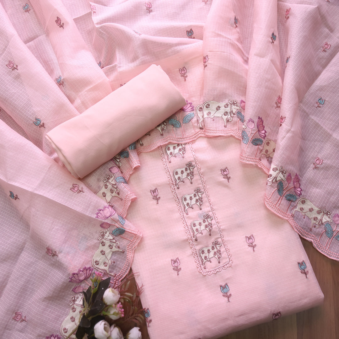 Khayal Coral Peach Pichwai Thread Embroidery Neck Work Kota Doriya Set