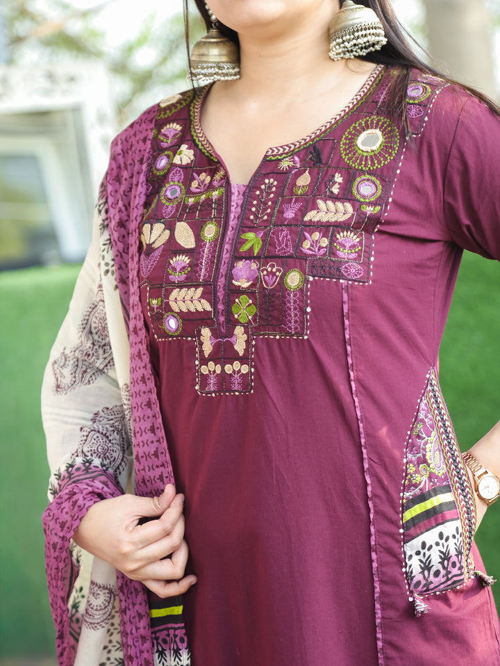 Ishani Burgundy Wine Embriodered Neck Patch Panel Cotton 3 Piece Set with Pocket