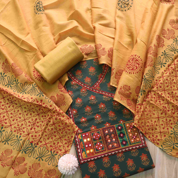 Falak Forest Green Angrakha Style Neck Ajrak Printed Cotton Suit Set