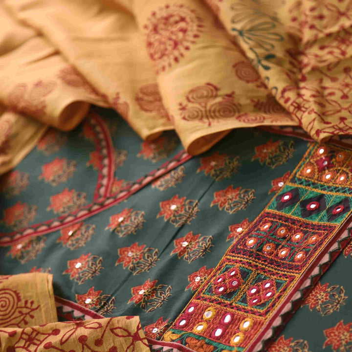 Falak Forest Green Angrakha Style Neck Ajrak Printed Cotton Suit Set