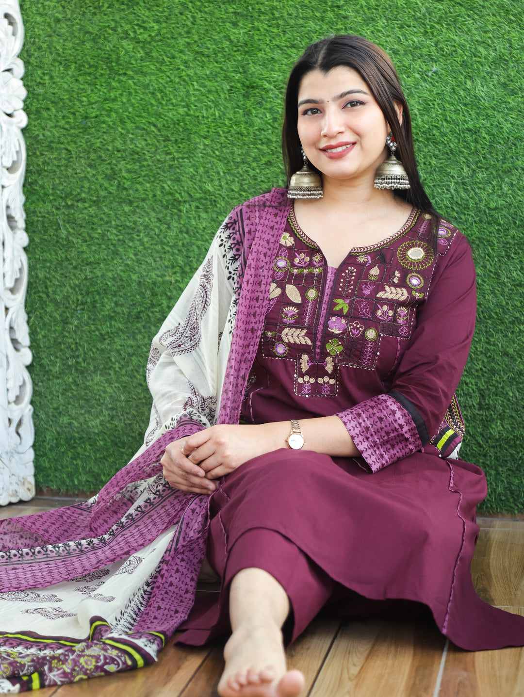 Ishani Burgundy Wine Embriodered Neck Patch Panel Cotton 3 Piece Set with Pocket