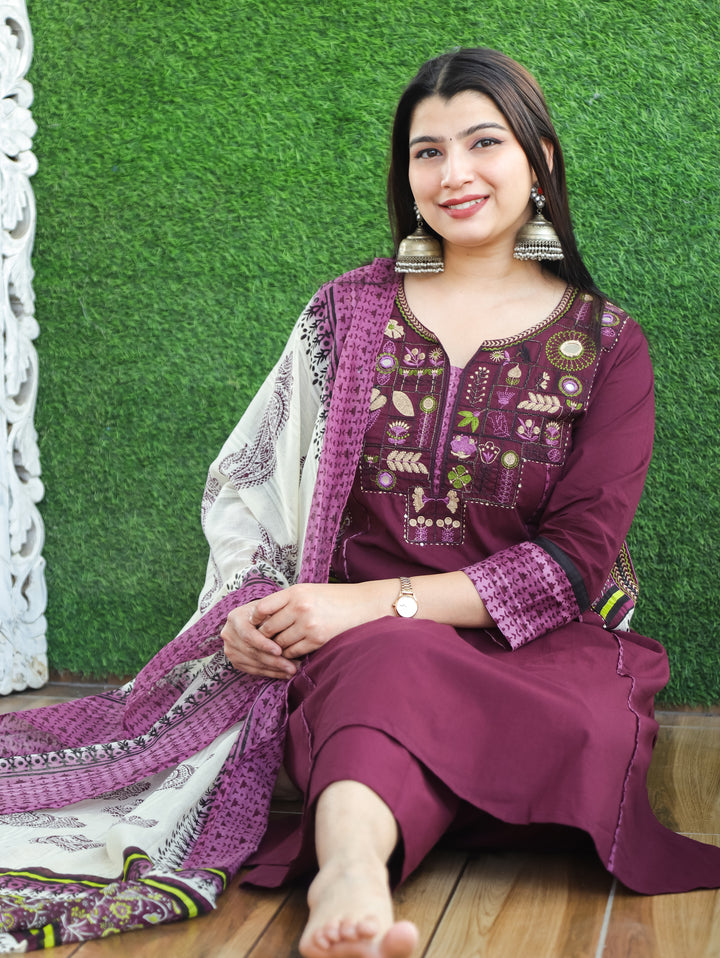 Ishani Burgundy Wine Embriodered Neck Patch Panel Cotton 3 Piece Set with Pocket
