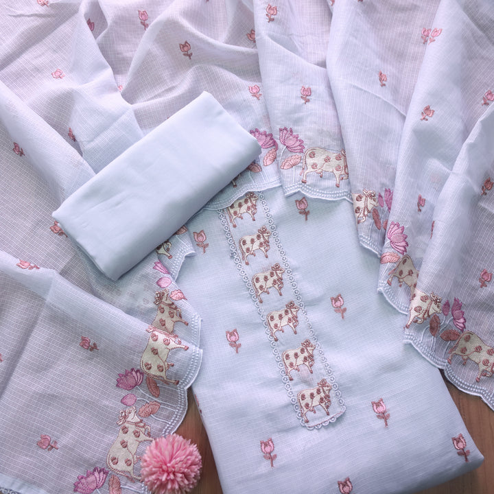 Khayal Grayish Blue Pichwai Thread Embroidery Neck Work Kota Doriya Set