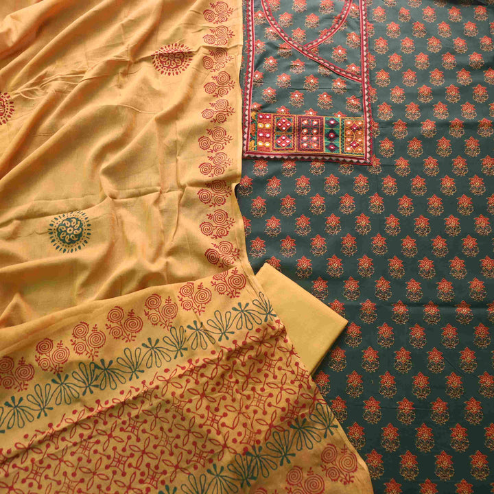 Falak Forest Green Angrakha Style Neck Ajrak Printed Cotton Suit Set